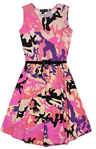 A2Z Girls Camouflage Sleeveless Skater Dress with Belt | Cotton Summer Party Dress for Girls Age 5-13 Years