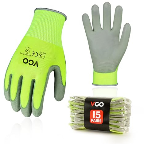 Vgo... 15-Pairs Safety Work Gloves, Gardening Gloves, Polyurethane Coated, Dipping Gloves, Latex Free (Size L, Yellow, PU2103)