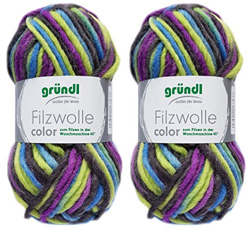 2x50 Gramm Gründl Filzwolle inkl. Anleitung für Topflappen (Color Farben, 42 Lila Blau Grün)