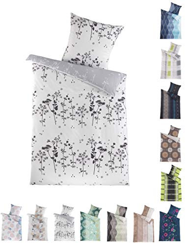 BaSaTex Microfaser Bettwäsche Set | 100% Polyester Mikrofaser | 135x200 cm + 80x80 cm | Reißverschluss | Herbes Wende Weiss Grau