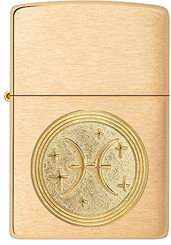 Zippo Sturmfeuerzeug - Modell Pisces Emblem Sternzeichen - Brushed Brass Finish - Nachfüllbar - Wiederverwendbar - Windfestes Design - Geschenkbox - Made in USA