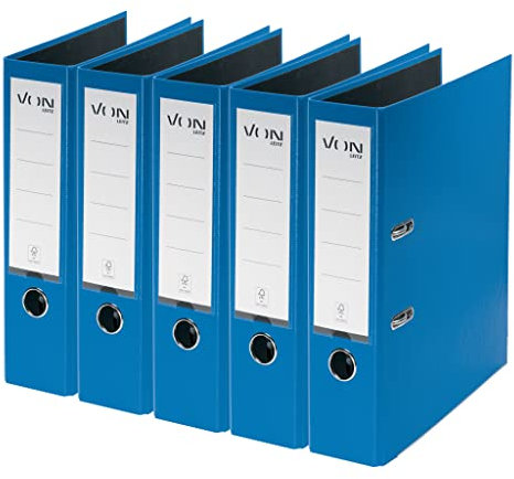 VON Leitz 5er Pack Ordner A4, Karton mit Kunststoffeinband, 80 mm Rückenbreite, Für 600 Blatt, FSC-zertifizierter Karton, Für Schule, Studium & Haushalt, Blau, 10551035