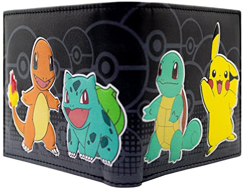 Bulbasaur Starters Squirtle mit Pikachu Geldbörse/Geldbeutel Bi-Fold ID- & Kartenhalter, Schwarz