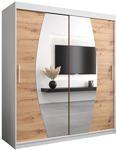 MEBLE KRYSPOL Elypse 180 Schlafzimmerschrank mit Zwei Schiebetüren, Spiegel, Kleiderstange und Regalen – 180x200x62cm - Mattweiß + Artisan