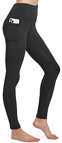 FitsT4 Sports Damen Winterreitleggings Silikon Vollbesatzreithose mit Fleecefutter mit Handytasche und Gürtelschlaufen,Schwarz,L