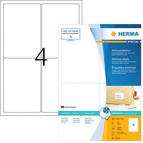 HERMA 10777 Adressetiketten für Inkjet Drucker, 80 Blatt, 96 x 139,7 mm, 4 pro A4 Bogen, 320 Stück, selbstklebend, bedruckbar, matt, blanko Adressaufkleber Etiketten für Tintenstrahldrucker, weiß