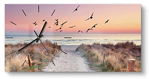 DEQORI Glasuhr | vertikal 60x30 cm | Motiv Strandaufgang zur Ostsee | große XXL Design Uhr aus Glas | leise Wanduhr für Wohnzimmer & Küche | Moderne Hingucker Uhr für die Wand