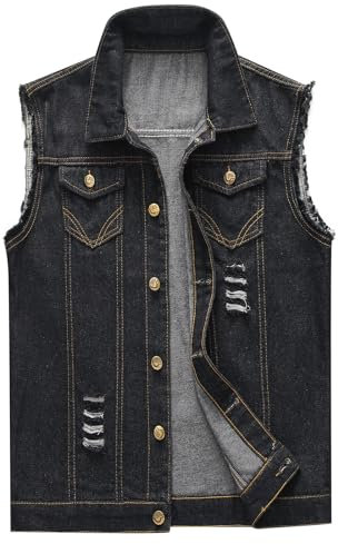 KUDORO Mens Denim Gilet Casual Jeans Vest Ripped Cowboy Waistcoat Metal Buttons Sleeveless Vest Jacket