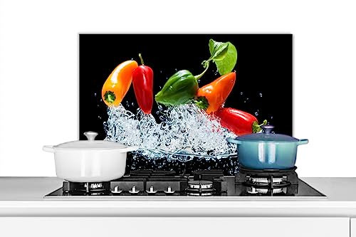 KitchenYeah© Pannelli Paraschizzi x Cucina Lastra in Alluminio 70x50 cm Alzatina Paraspruzzi Pannello per Cucine Peperoncini - Neri - Verdure - Acqua - Foglie