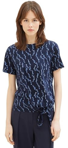 TOM TAILOR Denim Damen Basic T-Shirt mit Knotendetail, navy mid blue heart print, XS