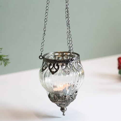 Glass Hanging Ribbed Tea Light Candle Holder Moroccan Home Decor Metal Lantern
