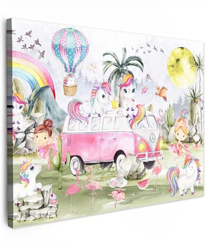 MuchoWow© Leinwand Bilder 70x50 cm Wanddeko Wohnzimmer Aesthetic Room Decor Deko Zimmer Wandbilder Modern Bild auf Leinwand Jugendzimmer - Einhorn - Regenbogen - Kinder - Mädchen - Auto