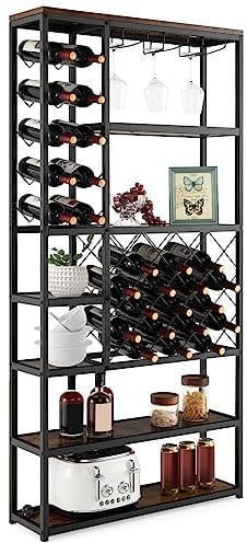 COSTWAY 27 Bottles Tall Wine Rack, 6 Tier Freestanding Bar Cabinet with Glass Holders & Anti-tipping Device, 81 x 23 x 166cm Drinks Holder Stand Display Storage Shelves for Kitchen Pantry Cellar