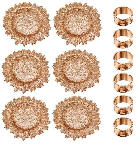 Trimming Shop Rose Gold Platzteller Set mit 6 und 6 Stück gehämmerten Design Serviettenringe, Glas Platzteller Vintage Design 33 cm Ladegeräte für Abendessen Servierteller Dekor Hochzeit Party