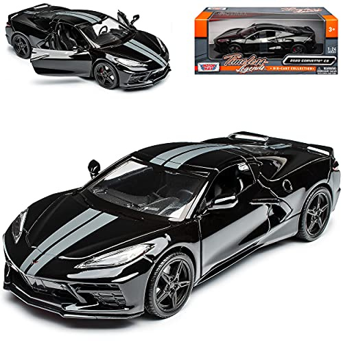Motormax Chevrolet Chevy Corvette C8 Singray Coupe Schwarz mit Streifen Ab 2020 1/24 Modell Auto mit individiuellem Wunschkennzeichen