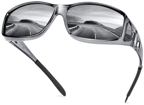 URUMQI Polarisierte Sonnenbrille Herren Damen UV400 Schutz Wrap Around Blendschutz Sonnenbrille für Brillenträger Fit over Brille Fahren Angeln Grau Rahmen