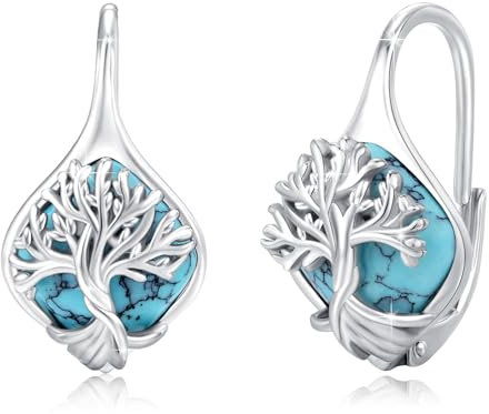 Lebensbaum Ohrringe Türkis Damen Silber 925 OHAYOO Lebensbaum Leverback Ohrringe Baum Des Lebens Creolen Ohrringe Türkis Schmuck für Mädchen Teenager Geschenke