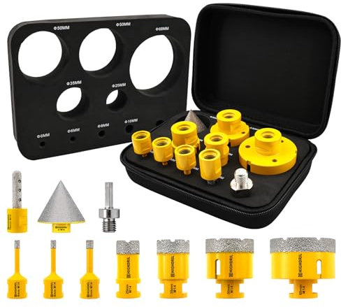 HIGHDRIL Fliesenbohrer Diamantbohrer Set 10 tlg - 6/6/8/25/35/50/68mm Lochsägen+50mm Fasenbohrer+10mm Fräsbohrer+Adapter für Porzellan Keramik Fliesen Granit Marmor