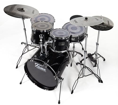 Fame Practice Drum Kit 20, Complete Set with 20 Bass Drum, Black Finish, Chrome Hardware, Includes Drum Set, Drum Accessories, Mesh Heads, Cymbal Set, Practice Pad, Drumsticks