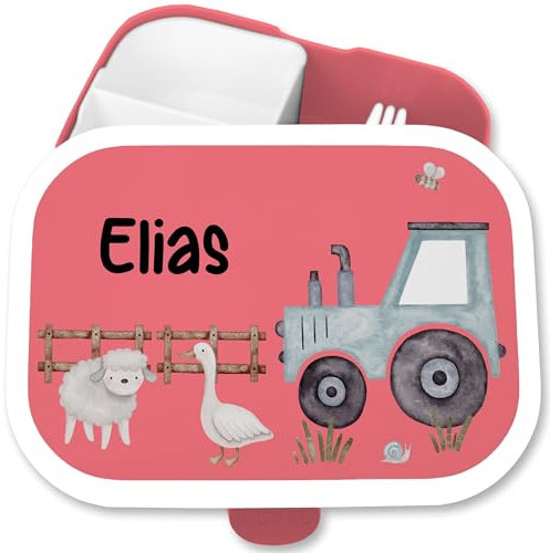 Kinder Campus für Mepal - Personalisierte Traktor Brotdose mit Tieren I Kindgerechte Lunchbox mit Traktor und Bauernhoftieren - 750 ml - Rosa - unterteilte trecker vesperdose kindergarten bagger