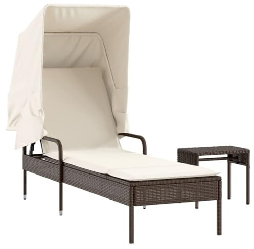 vidaXL Sonnenliege mit Dach Tisch, Gartenliege Verstellbare Rückenlehne, Sonnenbett für Außenbereich, Relaxliege Liege Gartenmöbel, Modern, Braun Poly Rattan