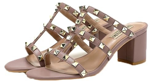 FamMe Nieten-Pumps für Damen, offene Zehenpartie, Sandalen mit Nieten, zum Hineinschlüpfen, klobiger Block-High-Heel, Slingback, Hochzeitskleid, Slipper, Slide-Schuhe,Rosa,38
