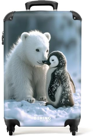 NoBoringSuitcases.com Valise Cabine Enfant, Bagages Roulette, 55x35x25cm (Ours Polaire, Pingouin - Blanc)