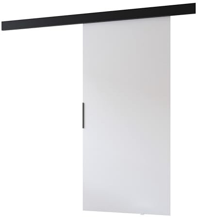 MINIO go for it - Schiebetür PRIM A, Zimmertür 86 cm, Schiebetürsystem, Lacobel, Wandmontage, schwarzer Griff, Farbe: Weiß/Schwarz