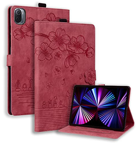 TEDTIKJT Funda para Xiaomi Pad 5 Pro/Xiaomi Pad 5 11 Pulgadas 2021 Carcasa PU Cuero Folio Fundas con Ranura Tarjetas Magnético Soporte Protección Tablet Cover,Flores Cerezo Gatos Rojo