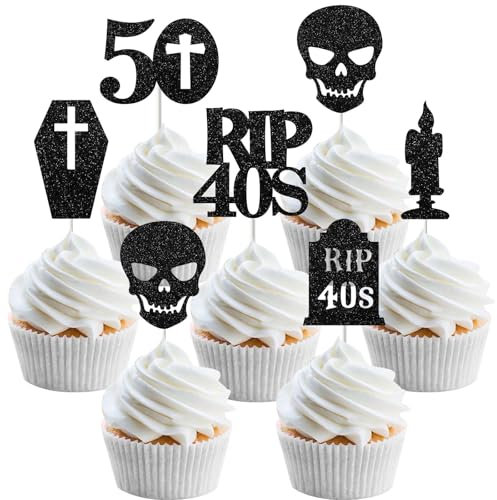 Funmemoir Gothic 50th Birthday Decorations - 24PCS Black Glitter Cupcake Toppers for 50 Years Old