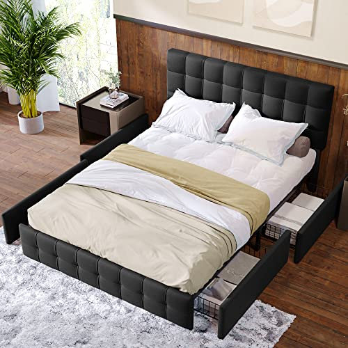xixiworkshop Polsterbett mit 4 Schubladen, Doppelbett mit Lattenrost, Stauraum Bett, höhenverstellbares Kopfteil & quadratisches Nähdesign, Metalllattenstütze, Leinenmaterial (140 * 200 cm, Schwarz)