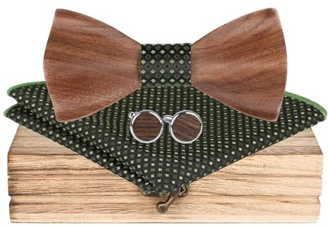 Mr.Van Hölz Fliege Herren Klassische, Handgearbeitetes Holzfliege Set Mit Natürlicher Hölzerner Krawatte für Hochzeiten, Aufführungen, Abschlussball (Mit Manschettenknöpfen Und Taschentuch)