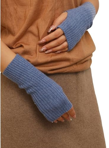 Prettystern Rippstrick Damen Kaschmir Fingerlose Pulswärmer handgelenk-wärmer Hand-Stulpen Cashmere Halb-Handschuhe Blau