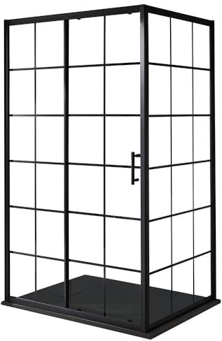 MILANO Black Grid Sliding Door Shower Enclosure Graphite Tray 1200 x 900mm | Toughened Glass Panels. Aluminium Profile. Contemporary Style. Framed Design. Corner Installation. Graphite Tray & Waste.