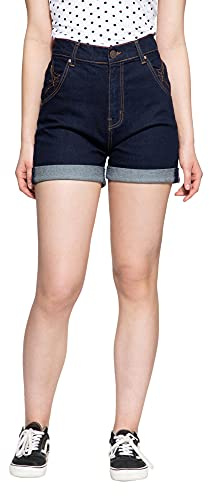 Queen Kerosin Damen Denim Jeans Shorts High Waist Wide Leg Baumwolle Stretch