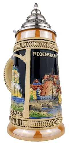 KING® Made in Germany Bierkrug mit Zinn-Deckel “Regensburg” Bierseidel Steinkrug Beer Mug Geschenk für Männer und Regensburg-Fans 0,7L