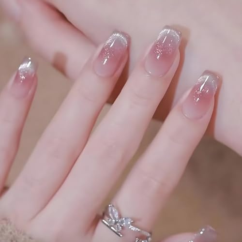 Short False Nails, Cat Eye Glitter Press on Nails, Nails Handmade Press-On Medium Long Coffin Ballerina with Flesh Color Cat Eye Design Charm Cute False Nail Tips 24 Pcs (MY095)