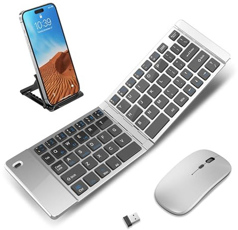 Wireless Foldable & Folding Keyboard and Mouse for iPad, Bluetooth Combo for Business & Travel, Portable Design Compatible with Windows, iOS, Android Tablets, Smartphones, and Laptops.
