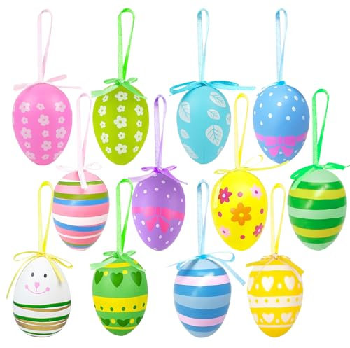 AIBAOBAO Ostereier zum Aufhängen, 24 Stück Ostereier Deko 6cm, Ostereier Plastik, Ostereier für Innen und Außen, Osterdeko mit Verschiedenen Stilstreifen, Punkten, Blumen, Kaninchen, Osterstrauchdeko
