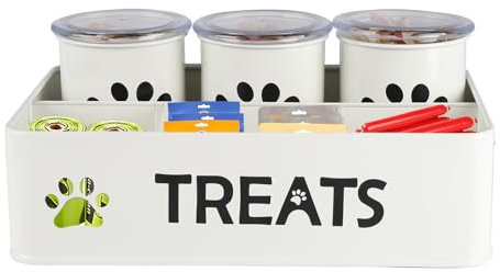 Ctomche Dog Treat Container Set of 3,Dog Treat Storage Jars Airtight Lid,Durable Metal Pet Food Container,Cat Treats Storage,Dog Biscuit Tins Snack Staton for Stick/Pet Food/Packaged Snacks-White