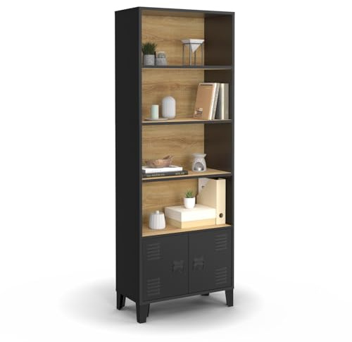 IDMarket - Etagère bibliothèque 5 Niveaux avec Placard Ester Portes métal Noir et Plateau Bois Design Industriel