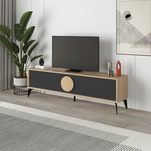 Hocuspicus HOCUS PICUS Modern TV Cabinet Entertainment Centre for up to 65 4-Door with Push-to-Open Soft-Close 180(W) cm TV Furniture Storage Unit Living Room (Oak, Silky Grey Black)