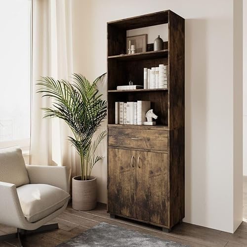 URBNLIVING 5 Tier Wooden Free Standing Tall Display Cabinet Bookcase Unit Wide Open Shelves Drawer Storage (Rustic Brown)