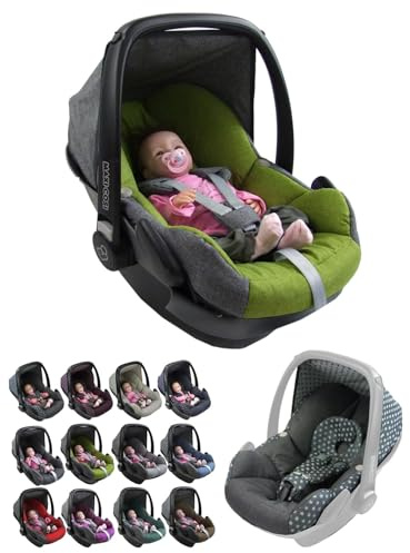 BambiniWelt Ersatzbezug Babyschale – 5-teiliges Set kompatibel mit Maxi-Cosi Pebble Babyschale, inkl. Sitzbezug, Gurtpolster, Sonnenverdeck & Kopfstütze, Farbe: meliert grau-grün