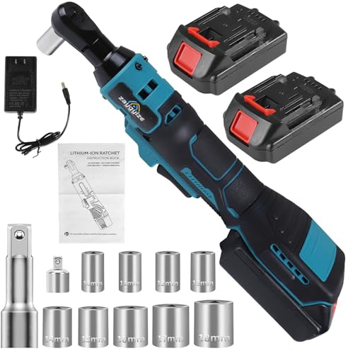 zaygyize - 3/8 Cordless Ratchet Wrench, 60 Feet LBS (80N.m) with 21V Battery, 2 x 2.0Ah 400RPM Chargeable Power Ratchet Driver Set with 8 Sockets, 1 Adapter
