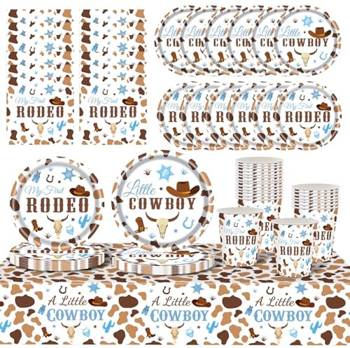 Kklolai 97 Pcs Western Cowboy Baby Shower Favors Bulk-48 Disposable Plates,24 Blue Brown Napkins,24 Paper Cups and My First Rooeo Tablecloth,Wild West Birthday Decorations for Boys Girls Guests
