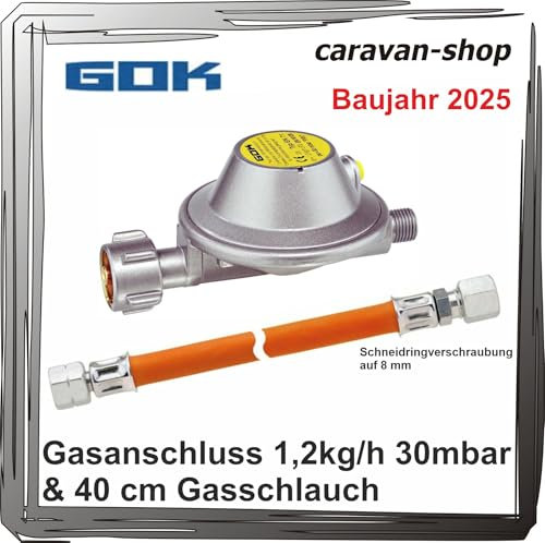 Druckminderer für Caravan Wohnmobil 30 mbar 1,2 kg/h + Schlauch 40 cm Wohnwagen Gasregler Anschluss auf 8 mm Gasrohr RVS 8