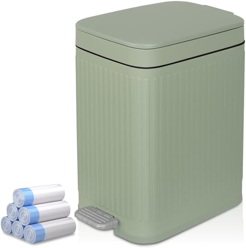 rejomiik Small Bathroom Trash Can with Lid 1.9 Gallon Step Trash Can Slim Garbage Can with Soft-Close Waste Bin for Bathroom, Bedroom, Office, Dorm, RV, Sage Green
