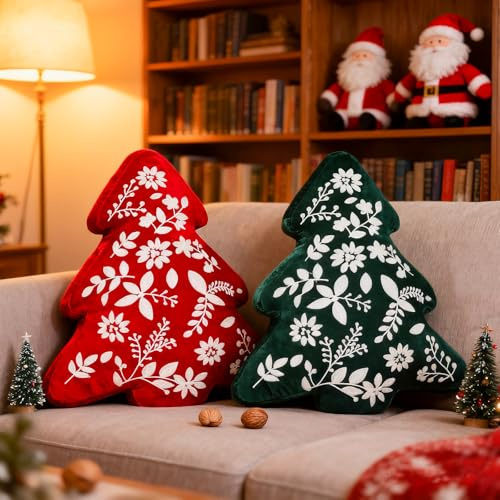 Lanpn 2 Stück Weihnachtsbaum Kissen Weihnachtskissen, Blätter Weihnachts Kissen Dekokissen Flauschiges Zierkissen für Party Bett Sofa Couch Weihnachtsdeko (Grün & Rot, 45x51cm)