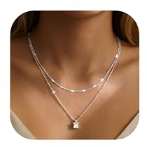 JeweBella Non Tarnish Silver Necklaces for Women 18K Gold Plated Layered Pendant Necklaces Adjustable Rose Gold Choker Double Layer Chain Cubic Zirconia Pendant Necklace for Women Ladies